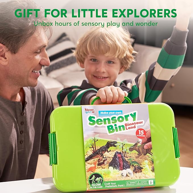 JOVA Klever Kits Dinosaurs Sensory Bin Toys for Toddlers with Glow in The Dark Dinosaurs, Sandbox with Lid Sand, Preschool Learning Activities Gifts for Boys Girls Age 3+