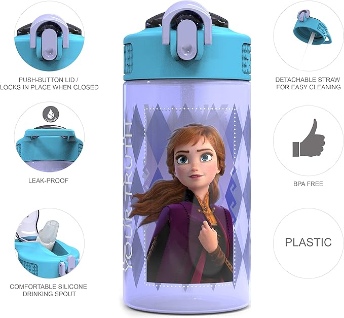 Zak Designs Disney Frozen 2 Kids Water Bottle with Spout Cover and Carrying Loop, Durable Plastic, Leak-Proof Water Bottle Design for Travel (16 oz, 2-Pack, Non-BPA, Elsa & Anna)