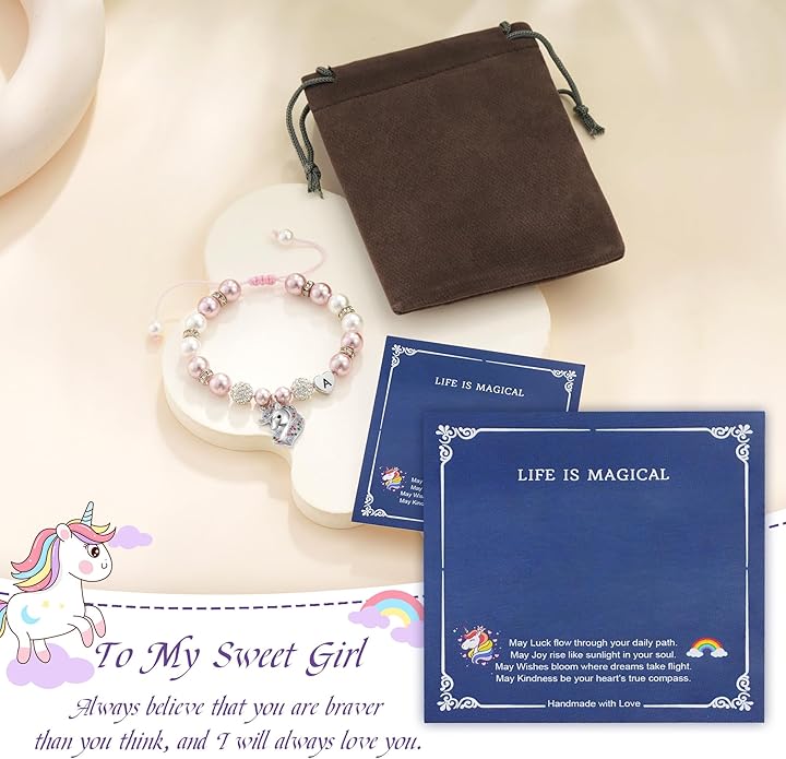 C-leen Unicorn Bracelet Gifts for Teens, Adjustable Pink Pearl and Rhinestone Balls Heart Initial Unicorn Bracelets Jewelry Gift for Birthday Christmas gifts