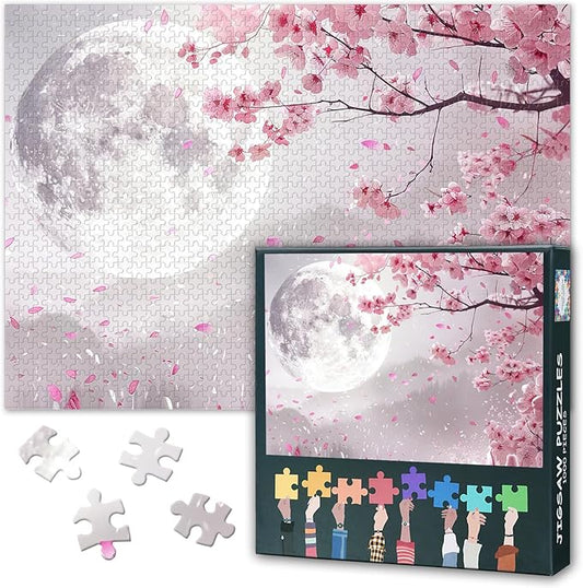 Jigsaw Puzzle 1000 Pieces, Sakura Adult Jigsaw Puzzles, Cherry Blossom Moon Adults Puzzles 1000 Piece Challenging Puzzle Perfect for Game Nights Educational Finished Size 19.5 x 27.5 Inch