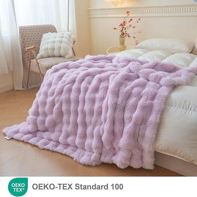 LIFEREVO Luxury Fluffy Faux Rabbit Fur Throw Blanket 60x80, Lavender | Plush Furry Bubble Lap Throw for Couch Sofa Office, Soft Cozy Light Purple Bed Blanket Home Decor, Washable & Skin-friendly