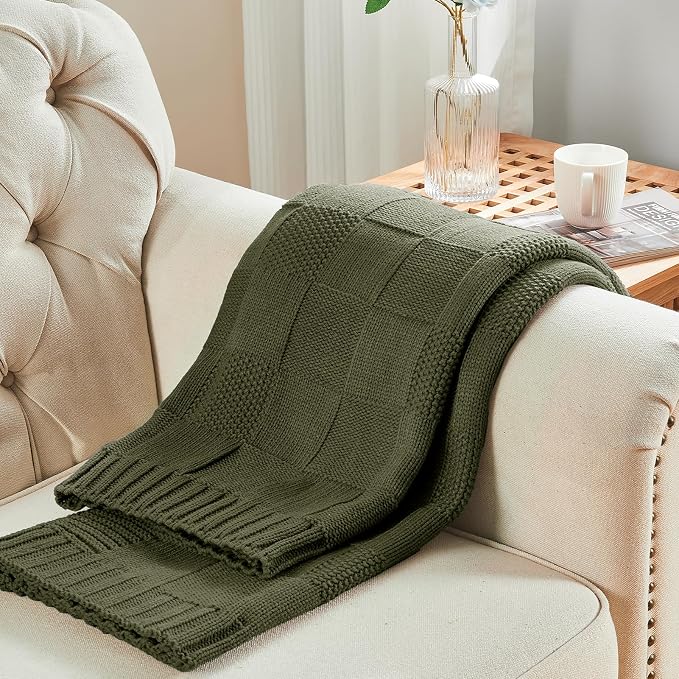 CozeCube Olive Green Knitted Checkered Throw Blanket 60"X80" | Check Knit Throw for Couch, Decorative Christmas Soft Cozy Warm Blanket for Bed Sofa Living Room