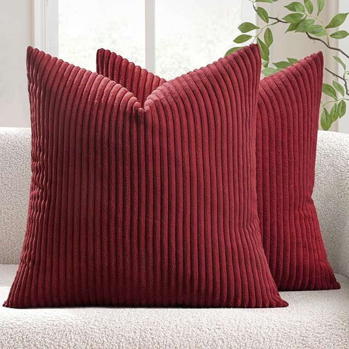 MIULEE Decorative Corduroy Throw Pillow Covers Set of 2 20x20 Burgundy | Soft Striped Textured Cushion Cases, Boho Energetic Vibe Pillowcases for Home Decor, for Couch Chair Sofa Bed Living Room