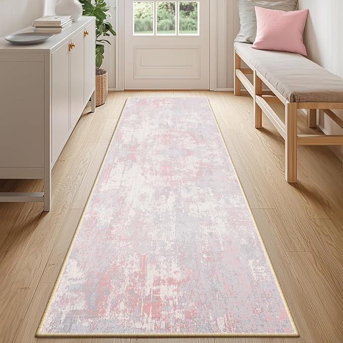 RELEANY Washable Runner 2'x6' Abstract Area Rug for Hallway Gray Pink | carpet for kitchen, entryway, bathroom, living room, bedroom, printed pattern, non-slip, soft, stain-resistant, easy to clean
