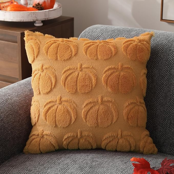 DFXSZ Fall Pillow Covers 16x16 2Pcs Light Orange Pumpkin Fall Decorations | Fall decor Set of 2 Throw Pillow Cases Soft Plush Faux Fur Wool Couch Cushion for Chair Sofa Bedroom Living Room Home Decor