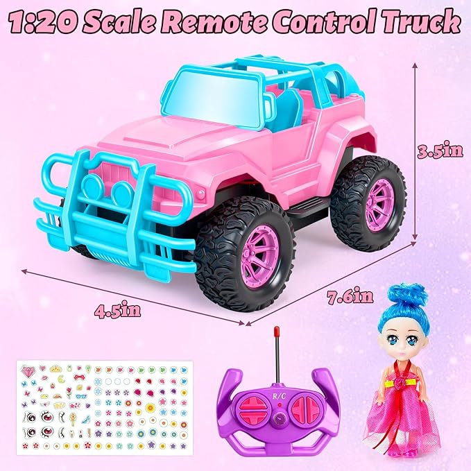 Ynybusi Remote Control Car RC Truck with DIY Stickers and Doll, 1:20 Scale Remote Control Monster Truck, 2.4Ghz LED Light Off-Road Racing Cars, for Kids Boys Girls 6 7 8 9 10 Years Old