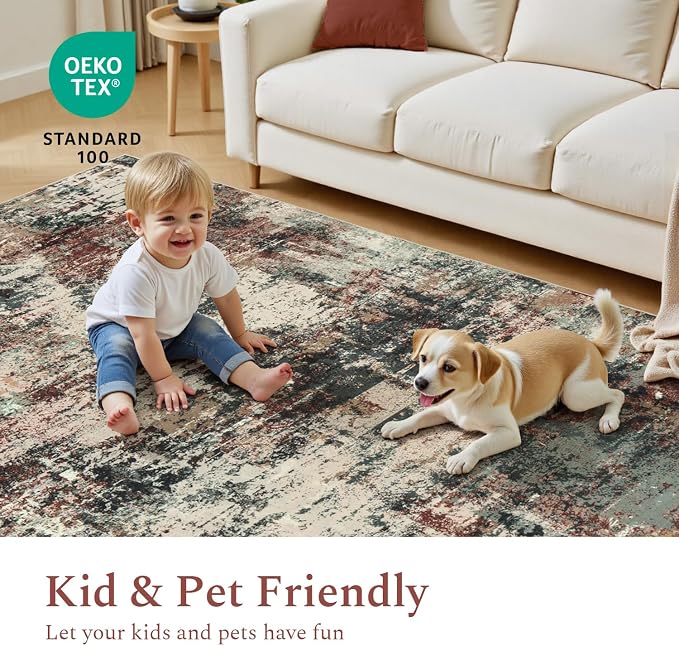 Rugflix 8x10 Area Rugs for Living Room, Washable Rust Brown Green Large Rug | Machine Washable; Stain-Resistant; Low Pile; Non-Slip; Modern Abstract; Carpet for Bedroom Dining Office Nursery Home