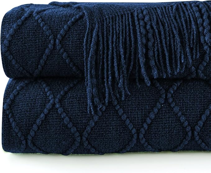 inhand Dark Blue Knitted Throw Blanket for Couch and Bed, 60"x80" | Soft Cozy Knit Blanket with Tassel, Lightweight Decorative Blankets and Throws, Farmhouse Warm Woven for Men and Women