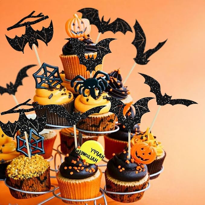 Gyufise 24Pcs Halloween Bat Cupcake Toppers Black Glitter Bat Halloween Cupcake Picks for Horror Theme Baby Shower Kids Birthday Party Cake Decorations Supplies