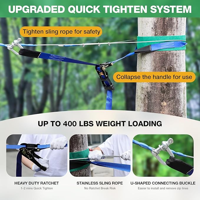 FAHKNS 120FT Zip Line Kit for Kids Adults: Up to 400LBS Quick Tighten Zipline for Backyard with Rust Proof Removable Trolley,Spring Brake,Height Adjustable Seat,Outdoor Kids Play Equipment