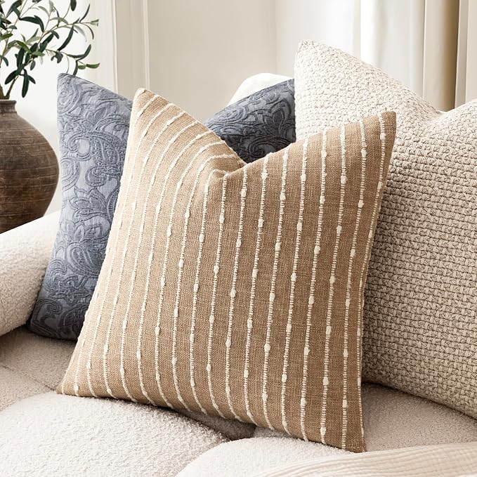Foindtower Pack of 2 Decorative Jacquard Boucle Throw Pillow Covers Accent Textured Striped Pillowcases Cozy Modern Cushion for Couch Sofa Bedroom Living Room Home Decor 18x18 Inch Camel