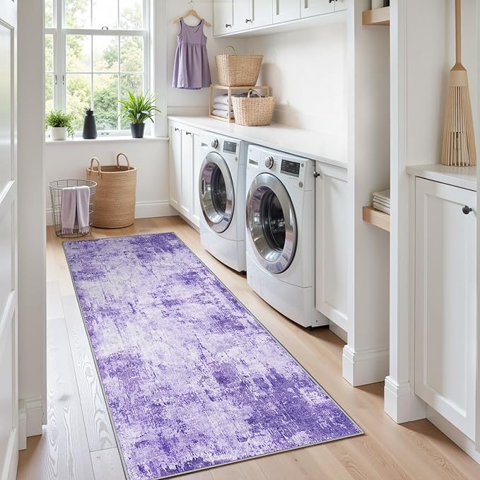 RELEANY Washable Runner 2'x8' Abstract Area Rug for Hallway Purple | carpet for kitchen, entryway, bathroom, living room, bedroom, printed pattern, non-slip, soft, stain-resistant, easy to clean