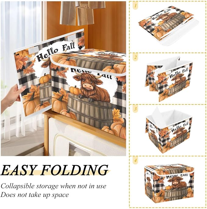 Highland Cows Storage Bins with Lids and Carrying Handle,Foldable Storage Boxes Organizer Containers Baskets Cube with Cover for Home Bedroom Closet Office