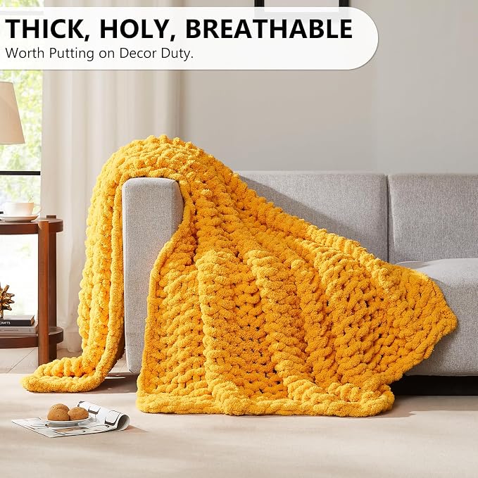 L'AGRATY Chunky Knit Throw Blanket for Couch, 80 x 90 Inches Mustard Yellow | Handmade Chenille Crochet Blanket for Sofa Bed, Thick Cable Knitted Blankets for Room Home Decor, Birthday Gift for Women Mom