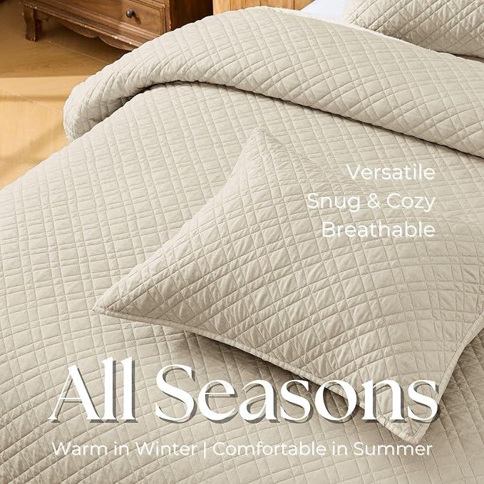 DOWN HOME Twin Quilt Set with Sham Lightweight Quilted Bedspread Coverlet Thin Comforter Bed Cover Vintage Washed Quilted Blanket for All Season, Brushed Microfiber Diamond Stitching, Beige, 66"x92"