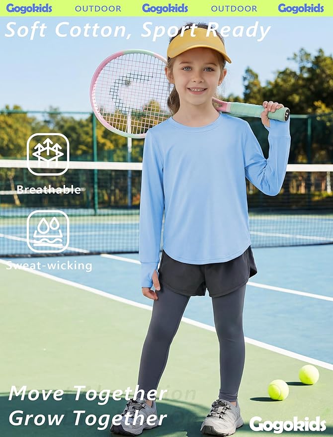 Gogokids Girls Shirts Long Sleeve Athletic Shirts Open Back Tops Active Sports Tshirts Yoga Workout Crop Tees 5-14 Years