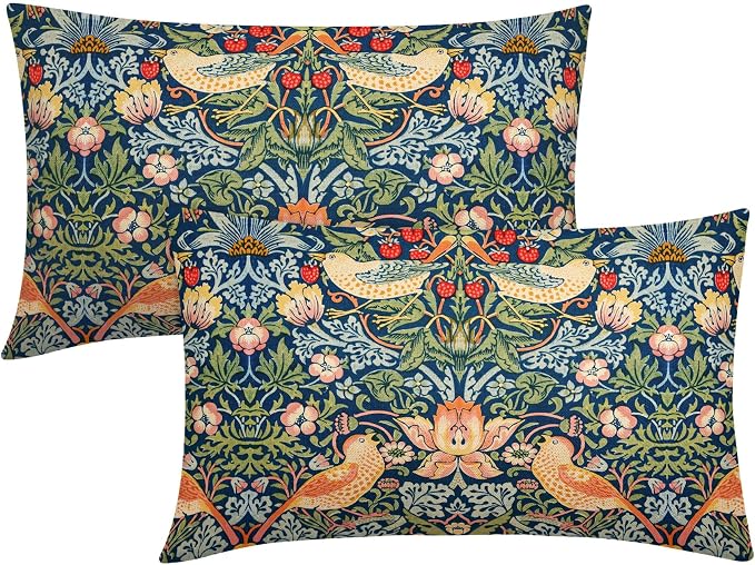 Chinoiserie Blue Sage Green Pimpernel Lumbar Pillow Covers 12X20 in Set of 2 Strawberry Floral Bird Colorful Pillow Cases Vintage Art Flower Pillow Modern Home Decor for Couch Patio Porch
