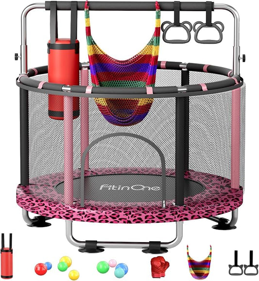 55" Toddler Mini Trampoline for Kids, Indoor Outdoor Toys with Swing, 440lbs Baby Kids Trampoline, Gymnastics Bar, Birthday Gifts for Boy Girl Age 1-8