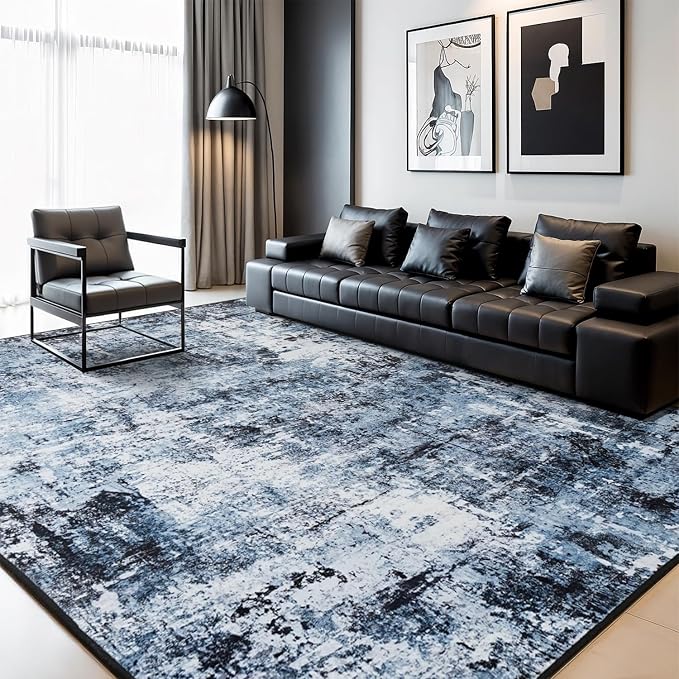 Rugflix 9x12 Area Rugs for Living Room, Washable Navy Blue Dark Large Rug | Machine Washable; Stain-Resistant; Low Pile; Non-Slip; Modern Abstract; Black Carpet for Bedroom Dining Office Nursery Home