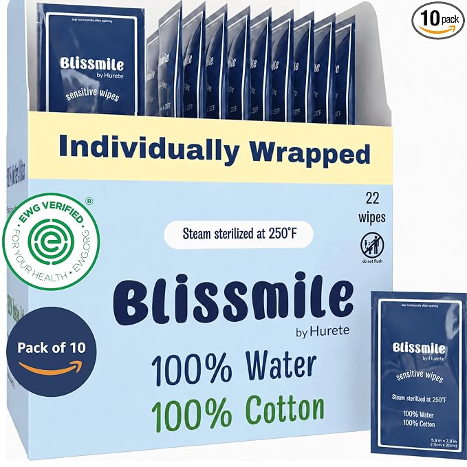 Blissmile 100% Water Wet Wipes, Individually Wrapped Travel Size - Unscented & Fragrance-Free, 100% Cotton - Gentle for Baby, Women & Sensitive Skin - Face, Hand, Body & Feminine Care - 220 ct