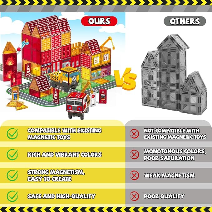 Magnetic Tiles for Kid, Construction Magnet Tiles with Fire Truck & Station, Building, Road, Crane, and Car Toys - Educational Travel Magnetic Tiles for Kids Ages 4-8, STEM Toys for 3+ Year Old