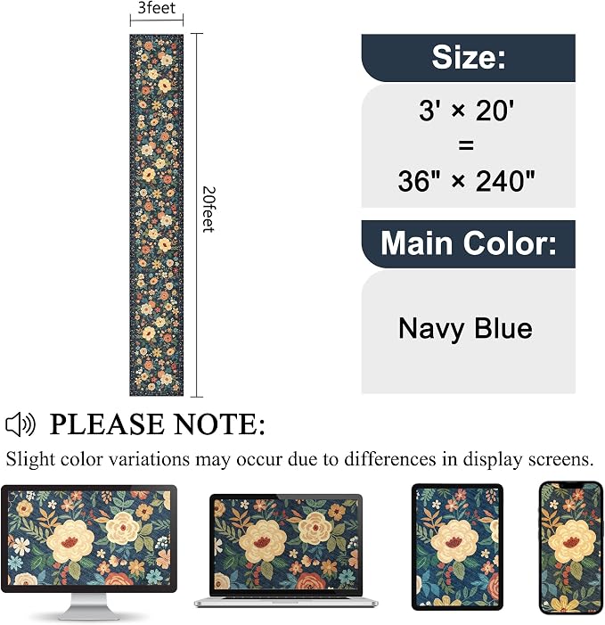 DUKINO 3x20 Runner Rug for Hallway, Floral Washable Runner Rug, Navy Blue | Non Slip, Low Pile, Indoor Long Runner Rug for Kitchen, Entryway, Bedroom, Bathroom, Laundry, Pet Friendly, Modern Home Decor
