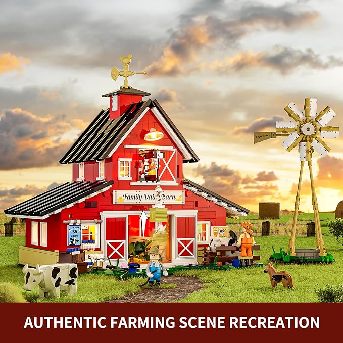 FUNWHOLE Farm Cow-Barn Lighting Building-Bricks Set - Farm Life Cow Barn House Collection LED Light Building Construction Set 1368 Pcs for Adults and Teen