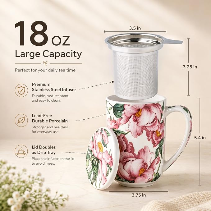 AmorArc Porcelain Tea Mug with Infuser and Lids, 18 Oz Coffee Cup Strainer with Bag Holder for Loose Leaf Tea, Steeping Coffee Mug for House-warming Wedding Birthday Gift
