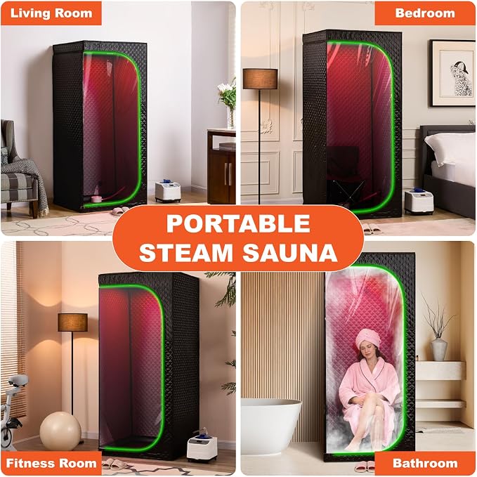 Portable Steam Sauna Tent for Home, Infrared Sauna, Tent with Clear View Door and Red Light, Black, Full Size Square Sauna for Home, 3L Steamer, 9 Heat Levels