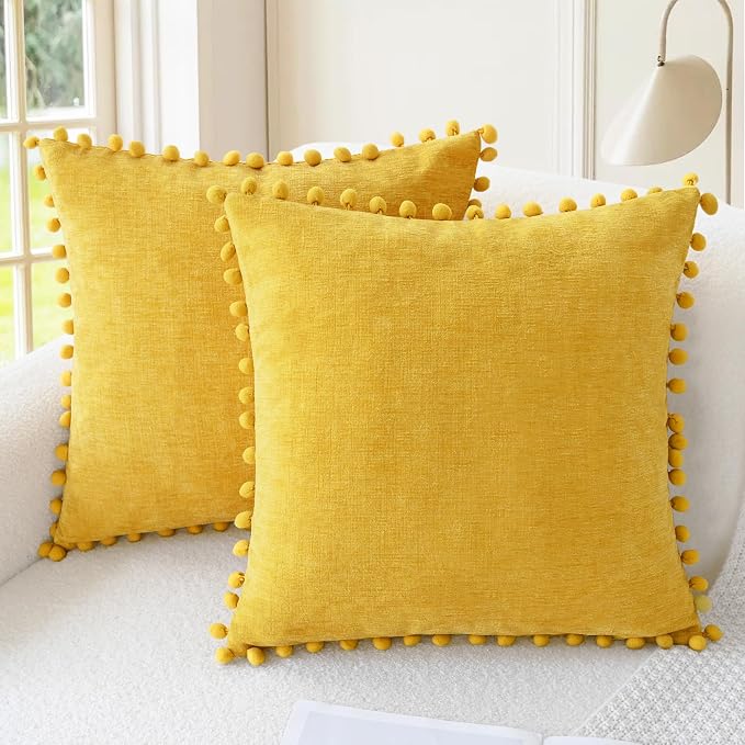 CaliTime Decorative Throw Pillow Covers 16 X 16 Inches Mustard Yellow | Pack of 2, Cozy Chenille Cushion Cases, with Pom Poms for Sofa Bed Living Room Farmhouse Home
