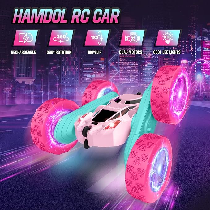 Pink Remote Control Car for Girls,Double Sided 360°Flip, with Headlights, Girl Princess Toys Rechargeable Toy Car for 6-7 6-8 9 10-12 Year Old Girls Birthday
