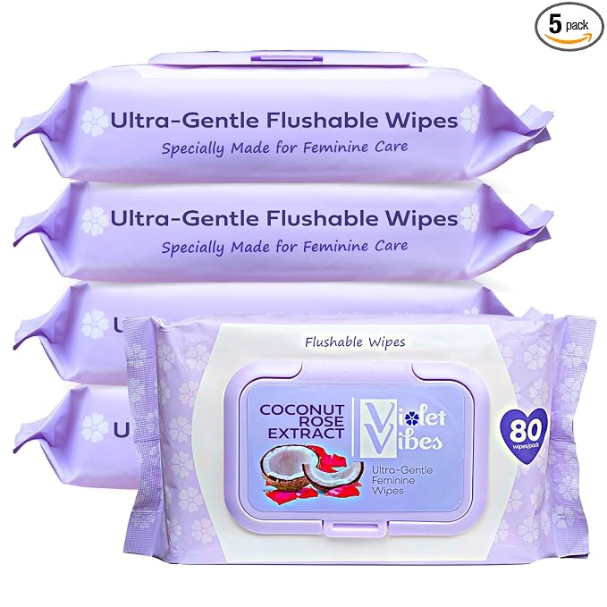 Violet Vibes Flushable Wipes for Women - Coconut Rose, 400 Count, Plant Based, Gentle on Sensitive Skin