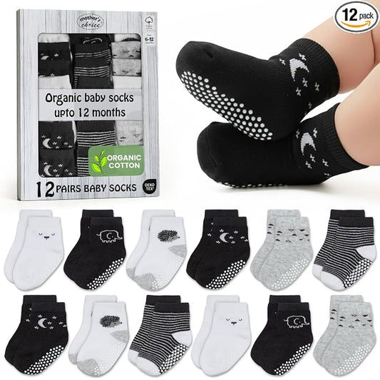 Mother's Choice Organic Cotton Baby Socks 6-12 Months - 12 pairs Soft and Cozy Girls and Boys Sock, Gentle Newborn Socks, Ideal For Baby Registry Infant Footwear and Little Feet Comfort