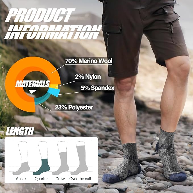 ANTSANG 6 Pairs Merino Wool Quarter Ankle Hiking Running Socks Compression Thermal Thick Cushion Socks for Women Men