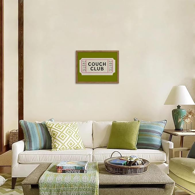 Vintage Framed Wall Art, Couch Club Ticket Canvas Wall Decor Painting, Retro Green Minimalist Quote Poster Print Picture for Living Room Bathroom Home Decor 16x24 Inch