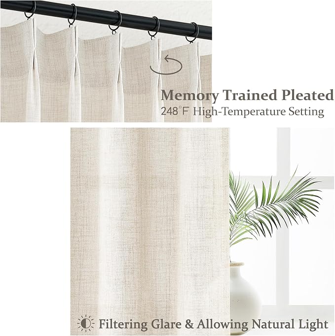 Pleated Extra Long 132 Inch Curtains for Living Room, Luxury Ivory Thick Linen Pinch Pleat Sheer Floor to Ceiling Drapes for Sliding Glass Doors 2 Panels Set Light Filtering Large Windows 11FT Curtain
