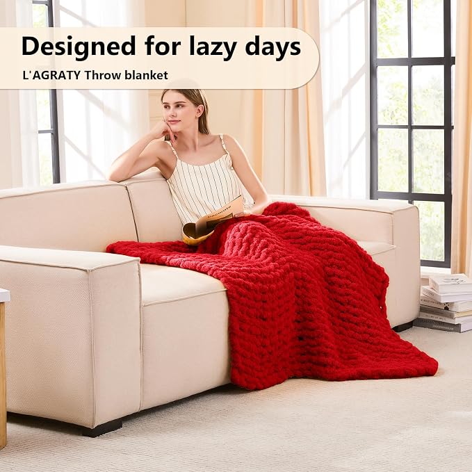 L'AGRATY Chunky Knit Throw Blanket for Couch, 40'' x 50'' Knit Throw, Red | Handmade Chenille Crochet Blanket for Sofa Bed, Thick Cable Knitted Blankets for Room Home Decor, Birthday Gift for Women Mom