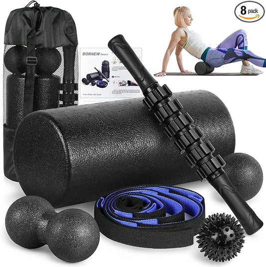 Foam Roller Set - High Density Back Roller, Muscle Roller Stick,2 Foot Fasciitis Ball, Stretching Strap, Massager Ball for Whole Body Physical Therapy & Exercise, Yoga, Back Pain, Leg, Deep Tissue