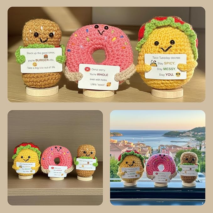 3-PCS | Food Fiesta Crochet Set | Taco Donut Burger Positive Plush | Handmade Emotional Stuffed Figures with Wooden Base & Inspirational Cards | Kitchen Festive Desk Ornaments for Teens Adults