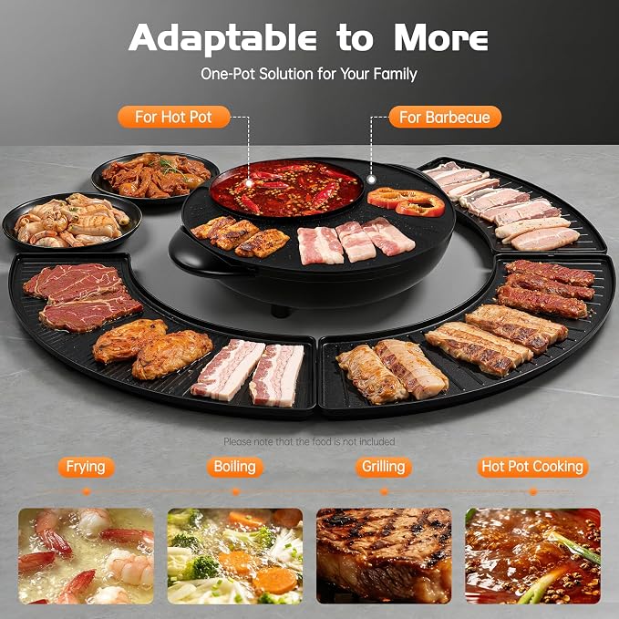 2 in 1 Electric Grill Pan and Hot Pot, Circular Indoor Shabu-shabu Hotpot Korean BBQ Grill,110V Large Capacity Baking Tray Nonstick Coating, Adjustable Temperature, for Family Gatherings & Home Use