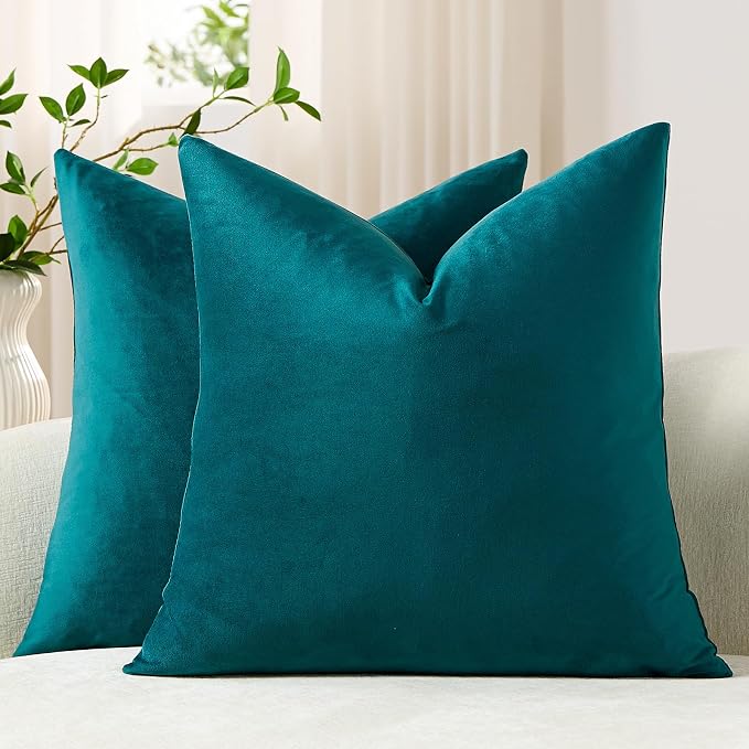 Euro Sham Covers 24x24 Teal: Pack of 2 Cozy Soft Velvet Square Modern Luxury Decorative Throw Pillow Cases for Sofa Couch Living Room Bed Home Decor