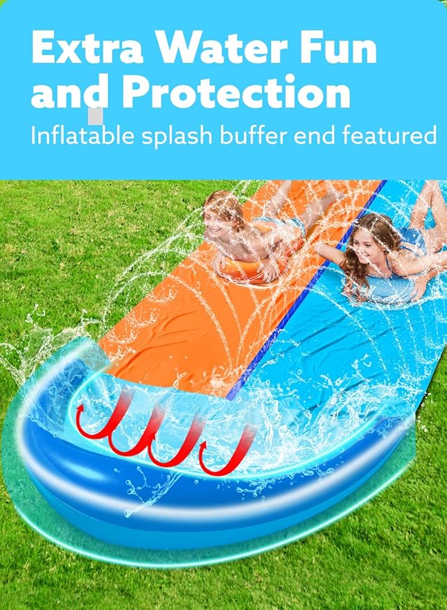 Sloosh 32.5FT Double Water Slides, Heavy Duty Lawn Slide with Sprinkler and 2 Inflatable Boards Backyard Yard Lawn Summer Outdoor Water Toy for Kids Adults