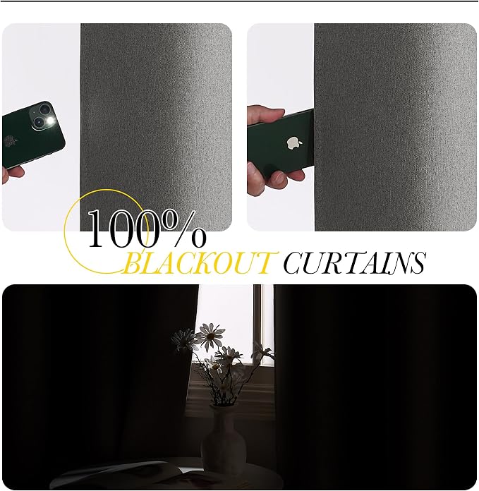 NICETOWN 100% Blackout Curtains for Bedroom, W52 x L96, Pair, Grey Crisp Faux Linen Thermal Insulated & Energy Efficient Light Blocking Shield for Living Room, Dining Room