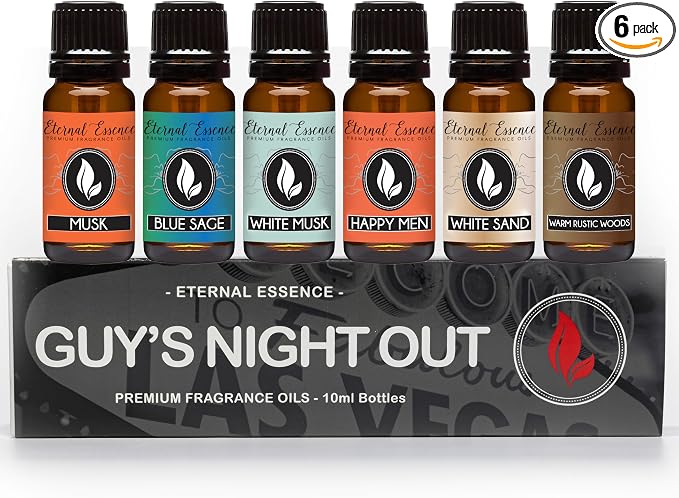Eternal Essence Oils Guy's Night Out Set of 6 Premium Fragrance Oils - Includes Including Happy Men, Blue Sage, White Sand, Warm Rustic Woods, Musk, and White Musk Scented Oils - 10ML