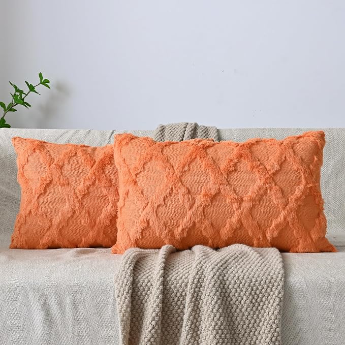 Set of 2 Soft Moroccan Throw Pillow Covers 12x20 Inch Plush Boho Decorative Pillow Cover Accent Cushion Case for Couch Sofa Bed, Orange