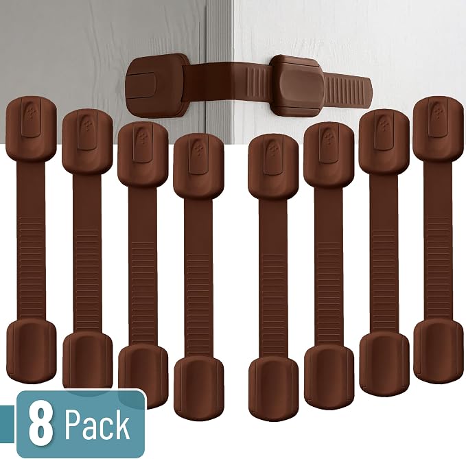 Bates- Child Safety Strap Locks, 8 Pack, Brown, Baby Cabinet Locks with Adjustable Strap Length