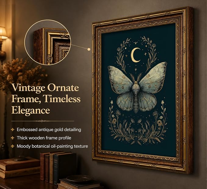 Vintage Gold Framed Celestial Moth Crescent Moon Wall Art Gothic Moody Ethereal Butterfly Picture Wall Decor Dark Botanical Insect Picture Canvas Print Mystical Witchy Poster Artwork for Living Room