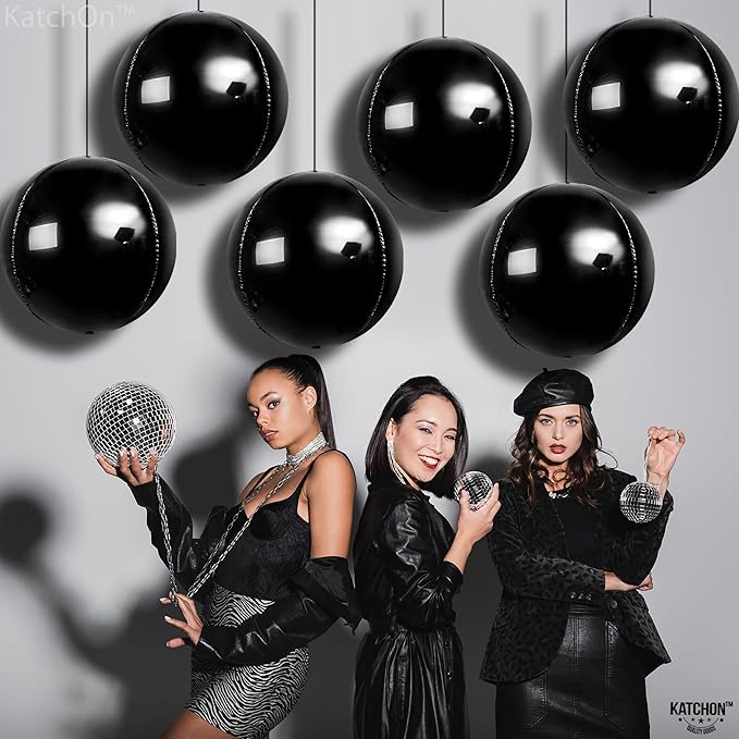 KatchOn, Large Black Mylar Balloons - 22 Inch, Pack of 6 | Round 4D Mylar Balloon for Birthday, Bachelorette Decorations | Black Birthday Party Decorations