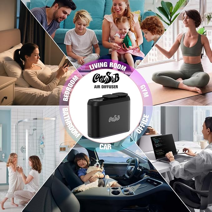 Smart Aroma Diffuser, Dual-Nozzle Waterless Essential Oil Diffuser with Cool Mist, Super Silent Aromatherapy Essential Oil Diffuser Battery Operated for Car, Home, Office Black