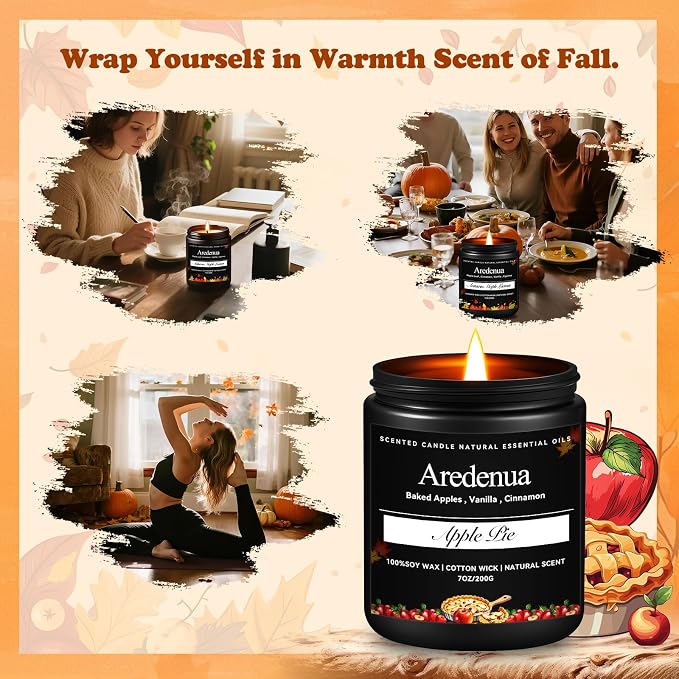 Fall Candle | Apple Pie Scented Candle - Autumn Seasonal Candles for Fall - 7oz Soy Candles for Home Scented, Thanksgiving Halloween Holiday Gift for Home - 50 Hours Long Burning -Black Jar
